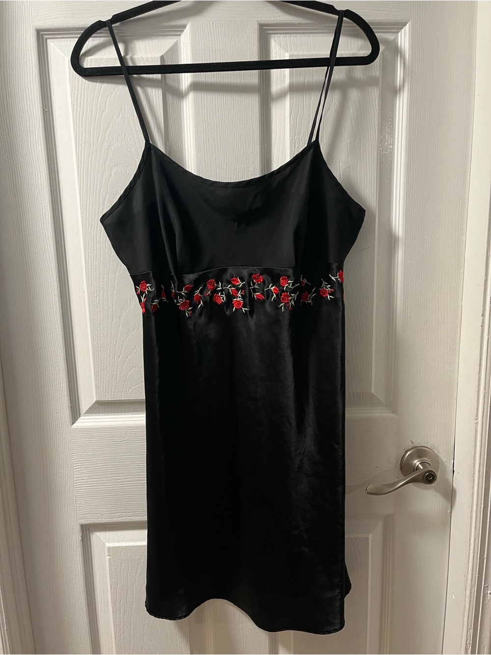 Vintage Black Mini Slip Dress with Red Rose Embroidery